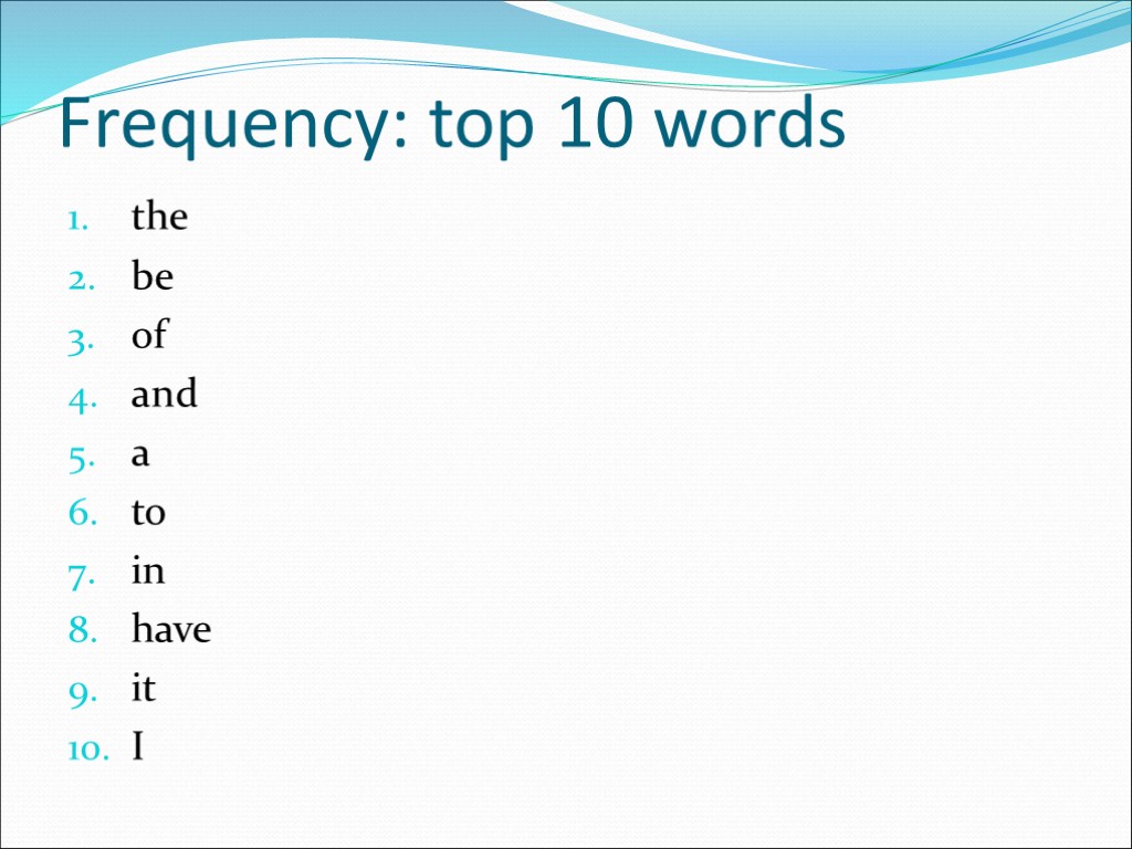 Frequency: top 10 words the be of and a to in have it I